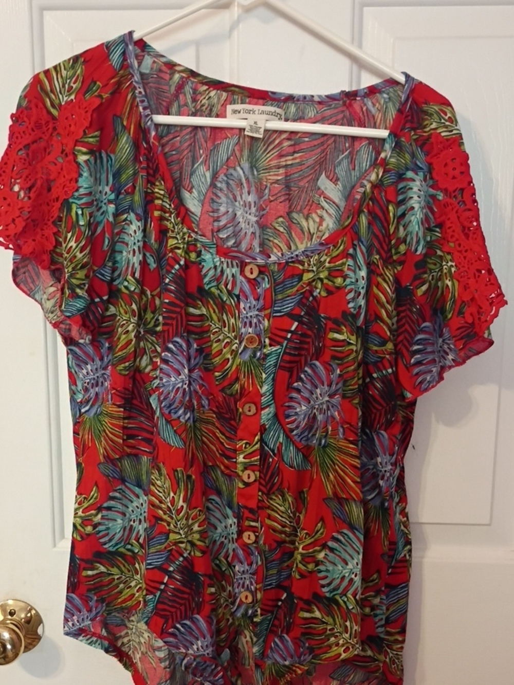 New York Laundry Red Tropical Leaf Button-Front Top with Crochet Sleeves